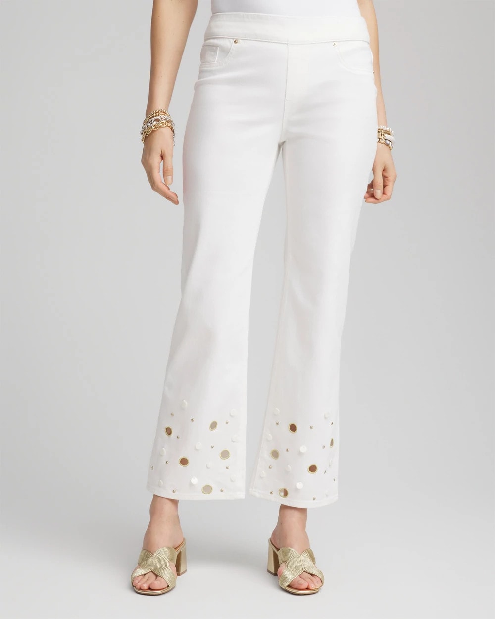 Stretch Straight Crop Pull-On Jeans with Beading